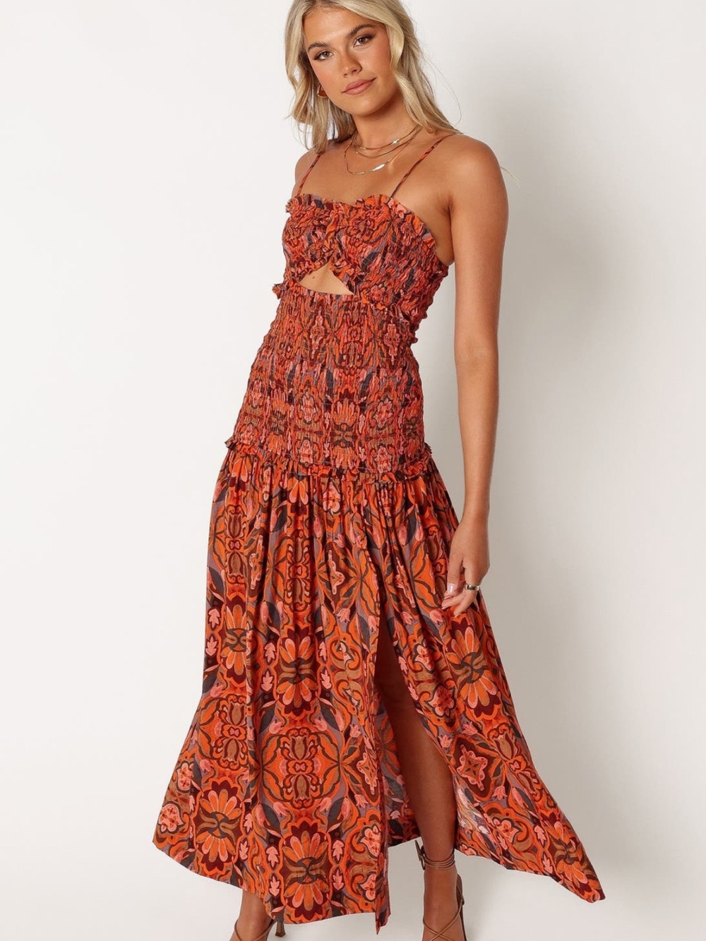 Petal & Pup Cecil Smocked Front Slit Cutout Maxi Sundress in Orange Pattern